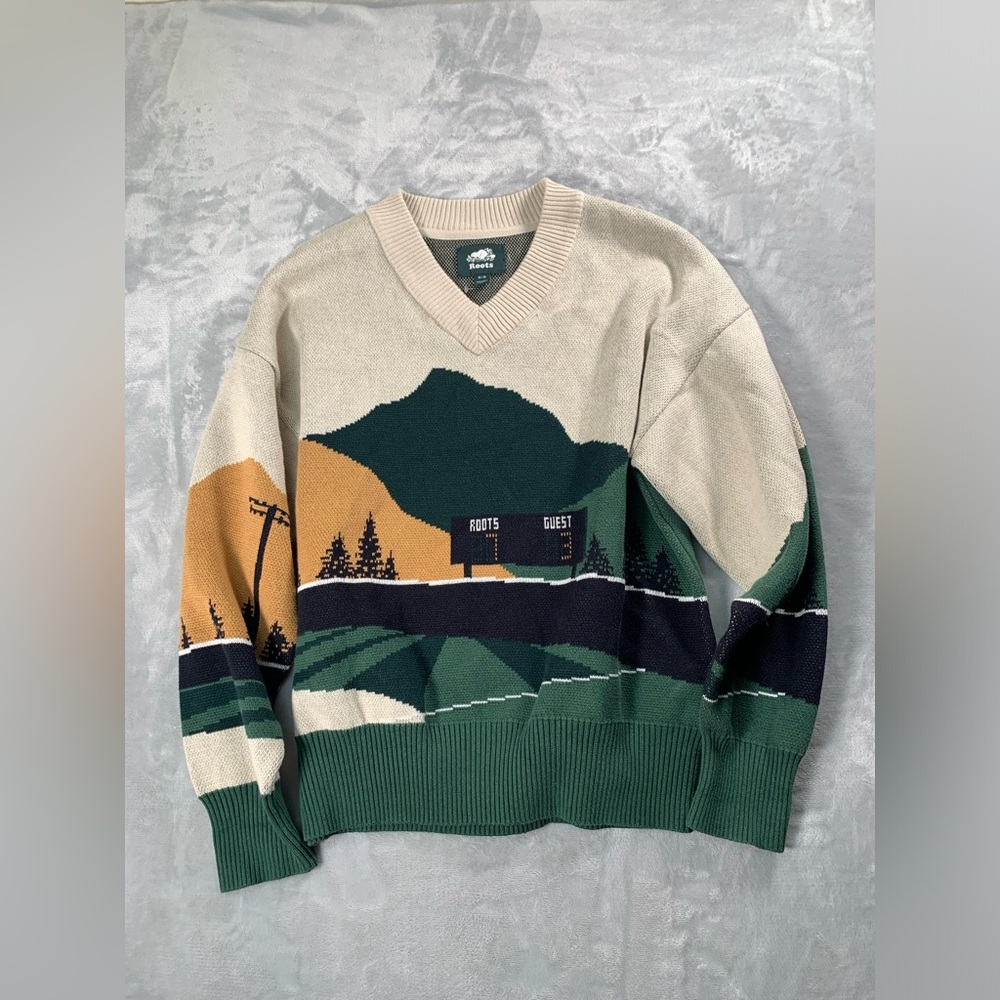 Roots Scenic V-Neck Sweater in Green, Tan, and Black
